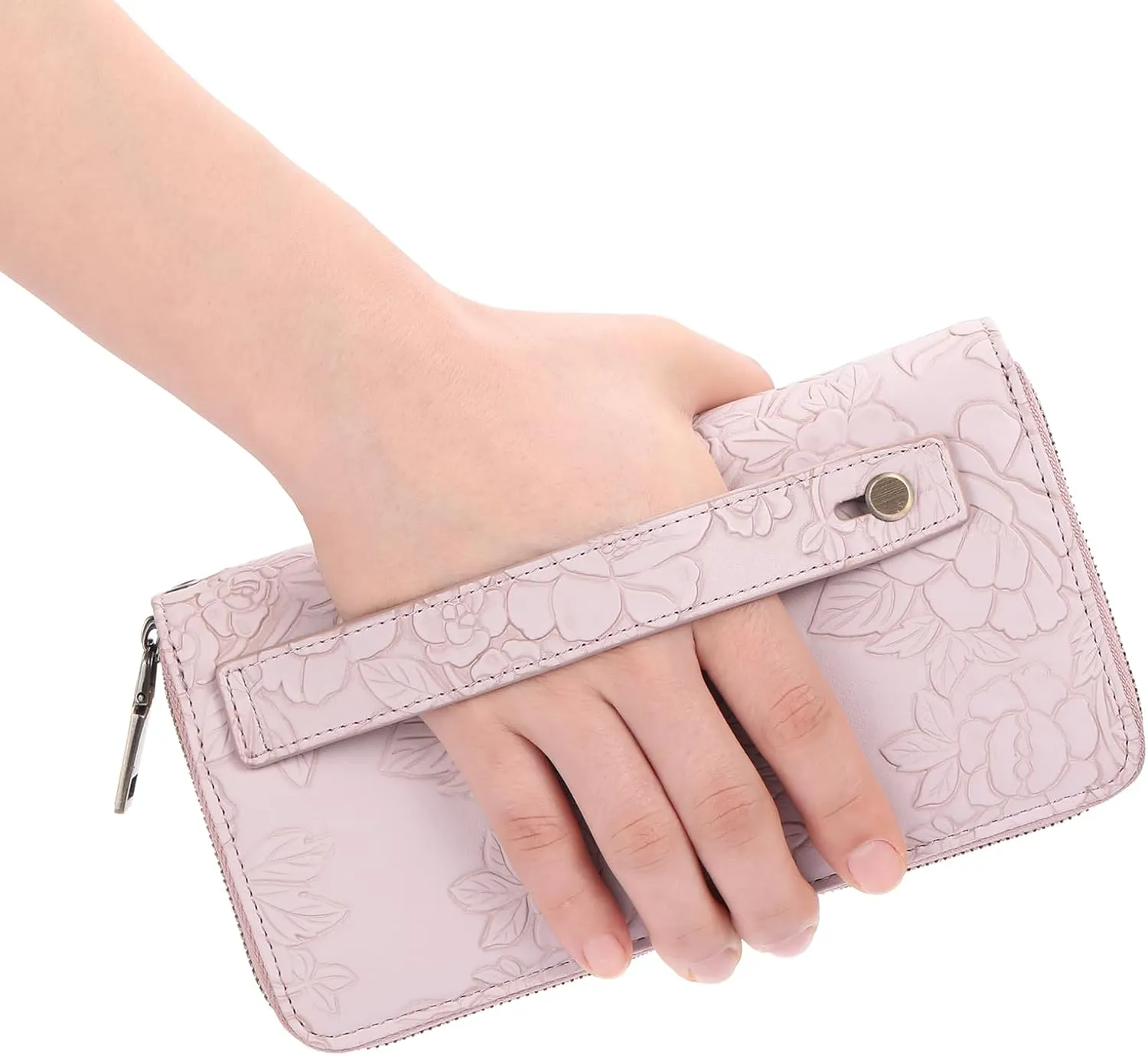Clutch Wallet for Women Large Zipper Wallet for Women RFID Blocking Long Wallet with Wrist Strap, Womens Wallets Leather with Card Holder(Mauve)