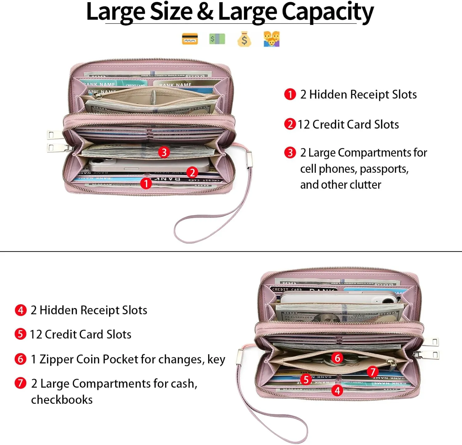 Clutch Wallet for Women Large Zipper Wallet for Women RFID Blocking Long Wallet with Wrist Strap, Womens Wallets Leather with Card Holder(Mauve)