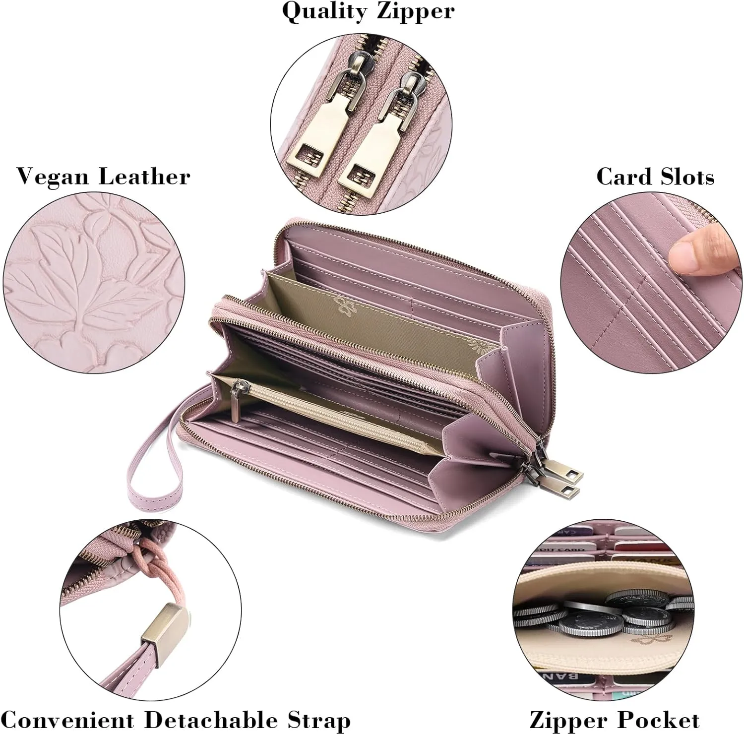 Clutch Wallet for Women Large Zipper Wallet for Women RFID Blocking Long Wallet with Wrist Strap, Womens Wallets Leather with Card Holder(Mauve)