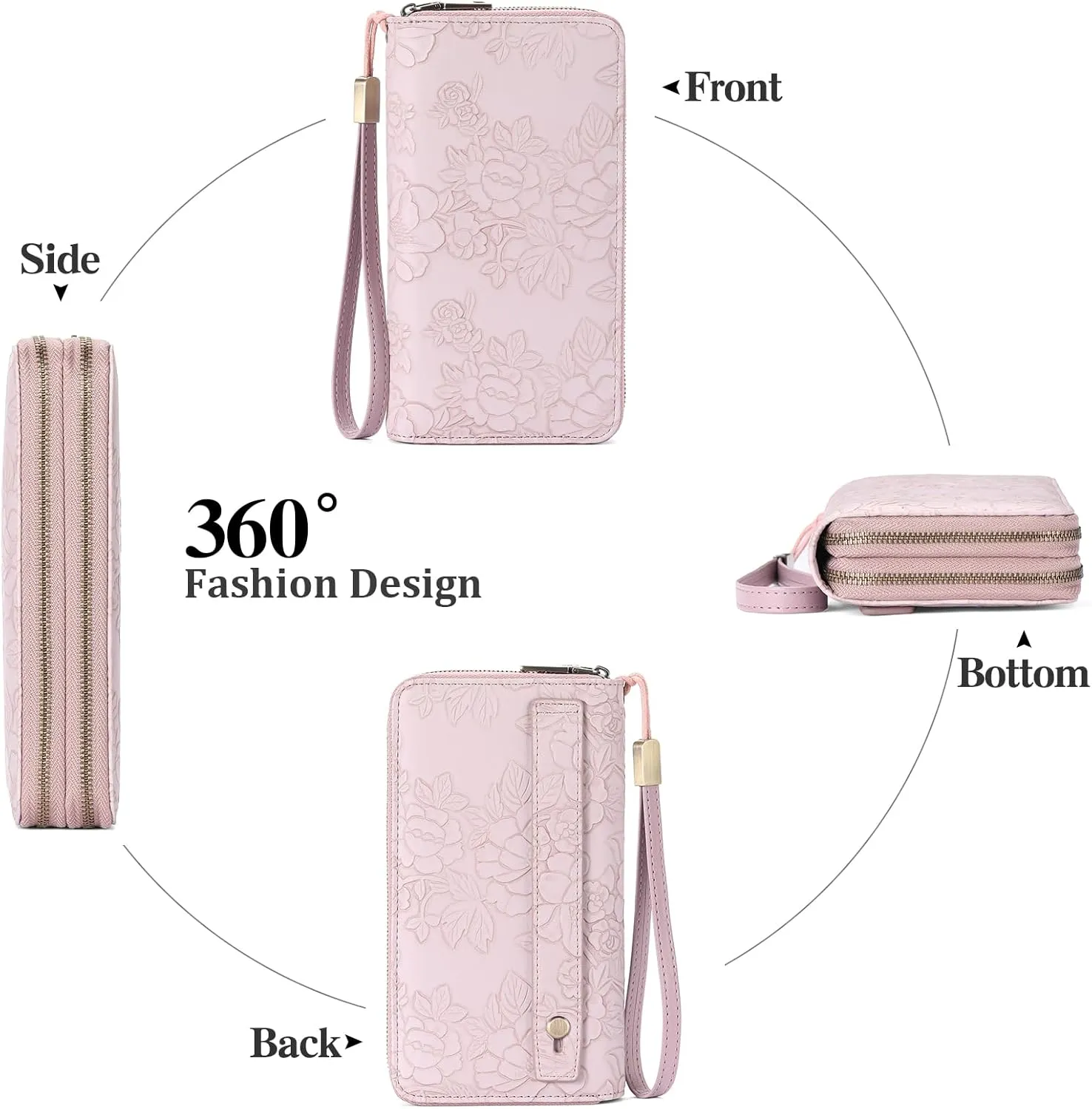 Clutch Wallet for Women Large Zipper Wallet for Women RFID Blocking Long Wallet with Wrist Strap, Womens Wallets Leather with Card Holder(Mauve)