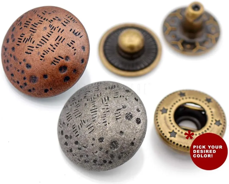 CRAFTMEMORE Antique Moon Snap Fastener Closure Buttons Round Popper Snaps Decorative Rivet Stud 18mm Pack of 10 (Antique Silver)