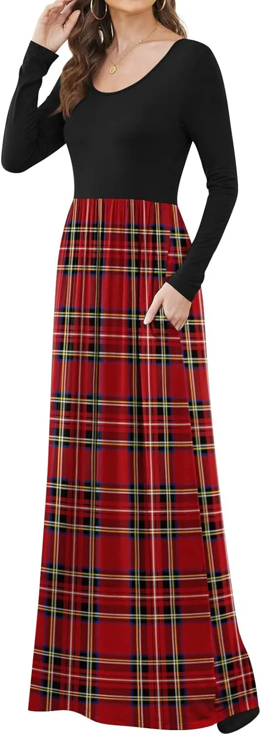 DB MOON Women Casual Long Sleeve Maxi Dresses Empire Waist Long Dress with Pockets