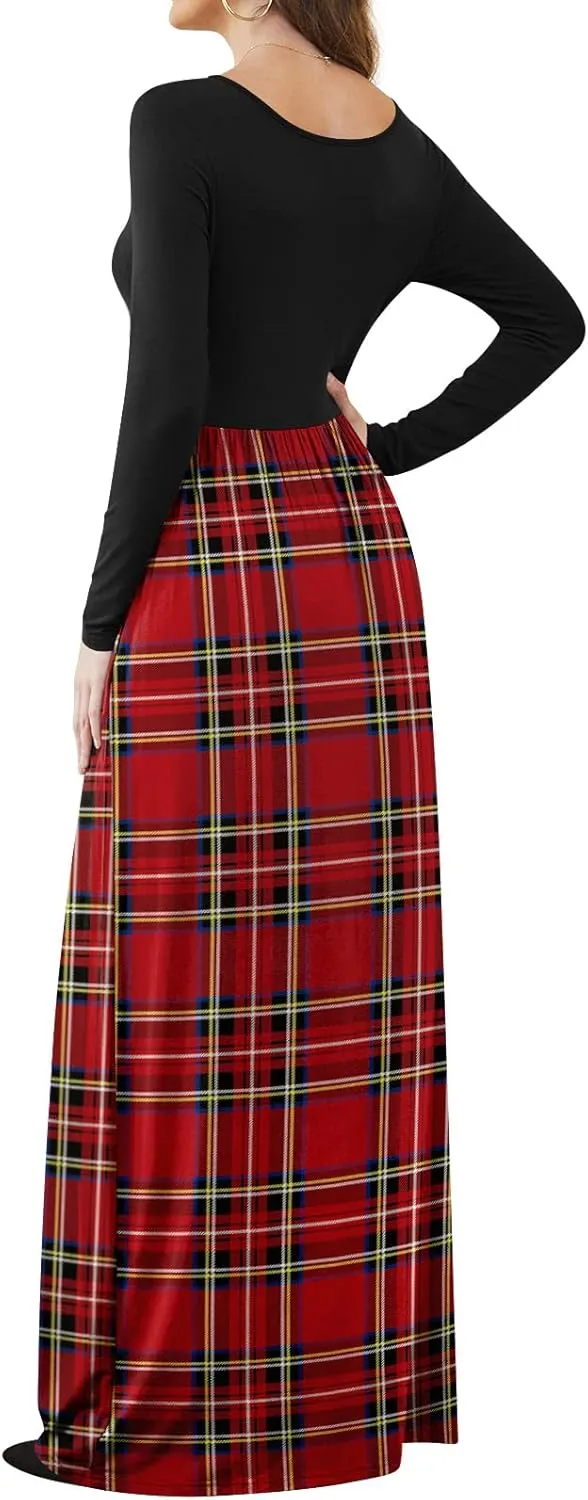 DB MOON Women Casual Long Sleeve Maxi Dresses Empire Waist Long Dress with Pockets