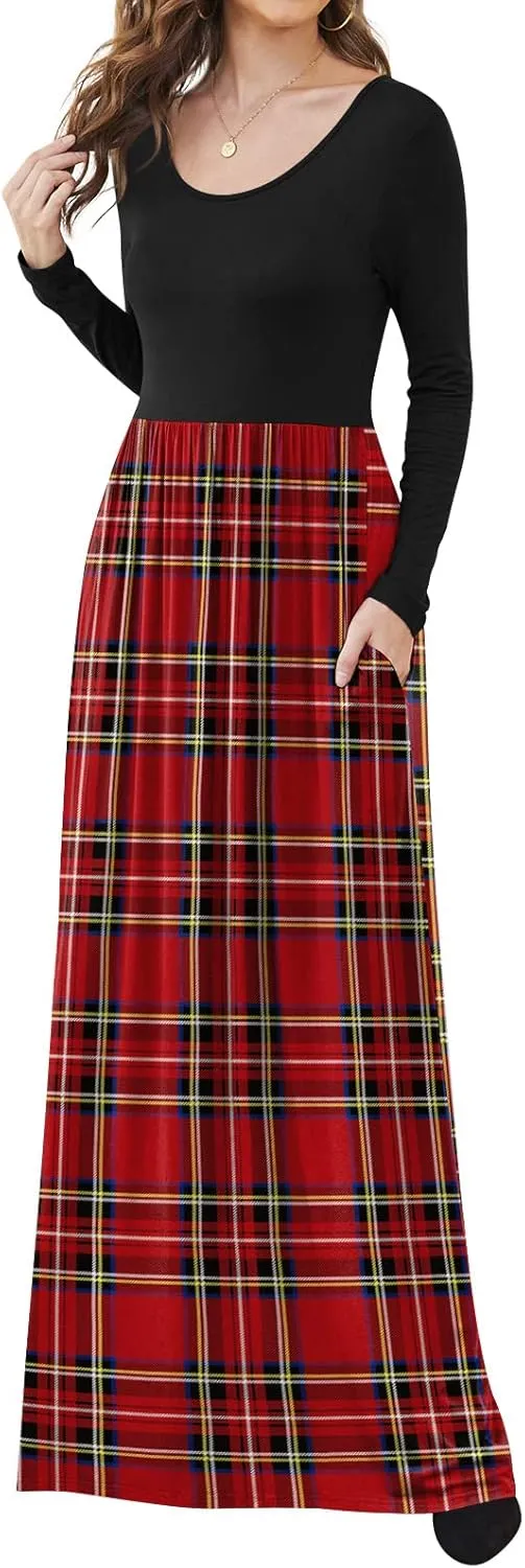 DB MOON Women Casual Long Sleeve Maxi Dresses Empire Waist Long Dress with Pockets
