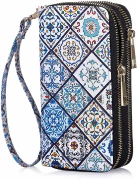 Double Zipper Wallet for Woman Clutch Purse with Cell Phone Holder for Smartphone/Card/Coin/Cash