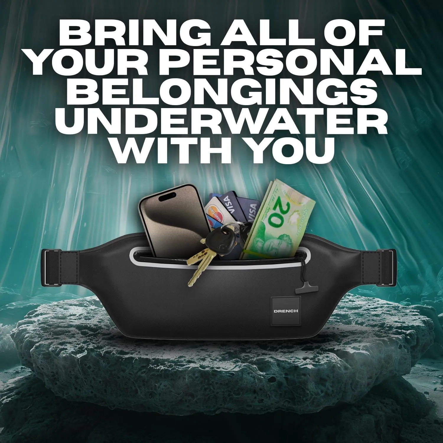 DRENCH 100% Underwater Waterproof Fanny Pack. Waist Pack. Submersible Waterproof Phone Pouch. Dry Bag for Swimming, Boating, SUP & Snorkelling. Underwater Phone case. Floating Belt Bag. Dry Bag Travel