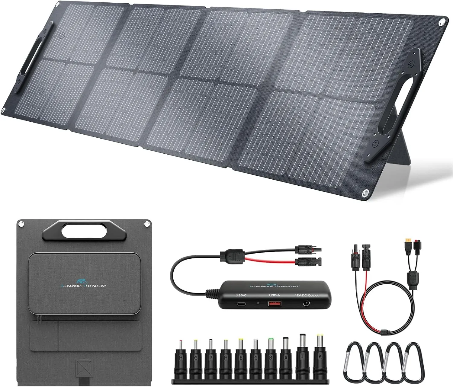 Ecosonique 100W/120W Portable Solar Panel with Adjustable Kickstands,22V MC4/12V DC/QC 3.0 USB-A USB-C(PD 60W)Foldable Solar Panel Charger and Detachable Power Hub,Waterproof Solar Panels for Camping