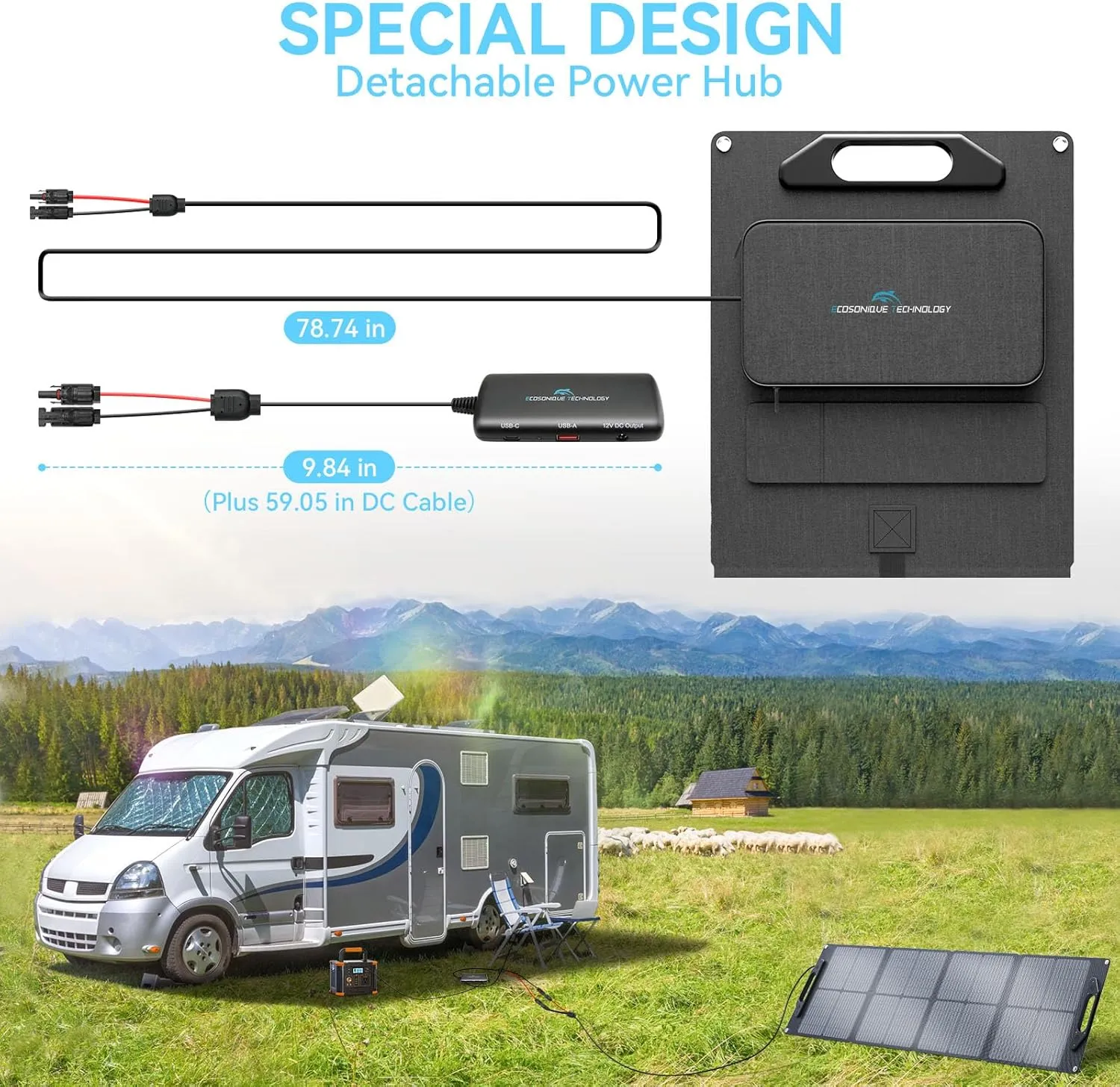 Ecosonique 100W/120W Portable Solar Panel with Adjustable Kickstands,22V MC4/12V DC/QC 3.0 USB-A USB-C(PD 60W)Foldable Solar Panel Charger and Detachable Power Hub,Waterproof Solar Panels for Camping