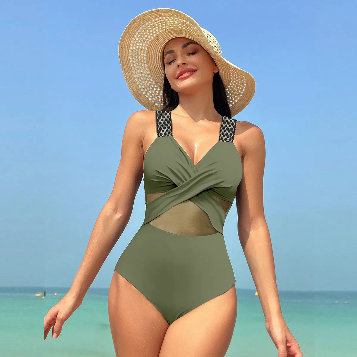 Elegant Monochrome Mesh Bikini One-Piece Swimsuit