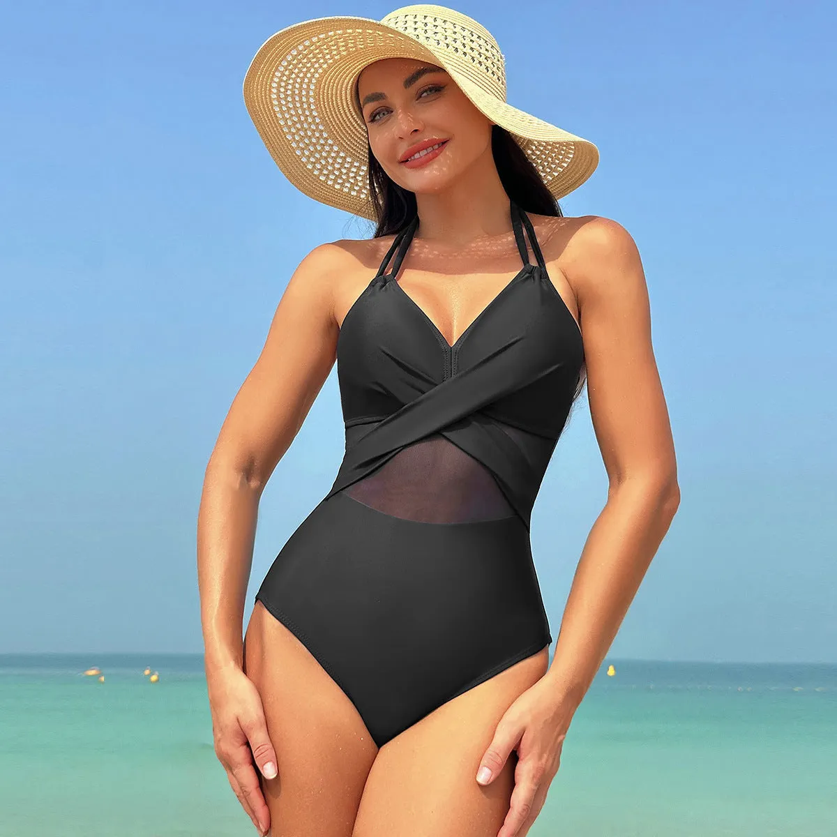 Elegant Monochrome Mesh Bikini One-Piece Swimsuit