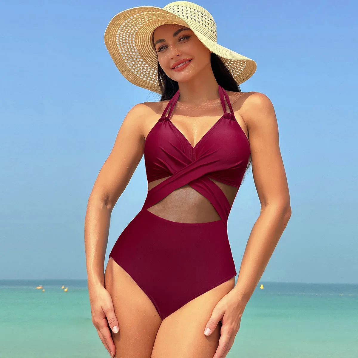 Elegant Monochrome Mesh Bikini One-Piece Swimsuit