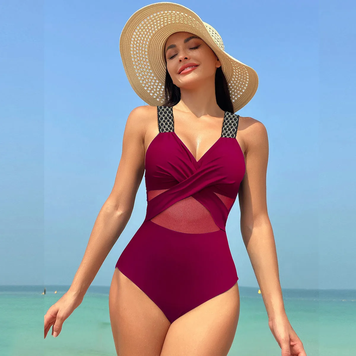 Elegant Monochrome Mesh Bikini One-Piece Swimsuit