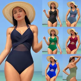 Elegant Monochrome Mesh Bikini One-Piece Swimsuit