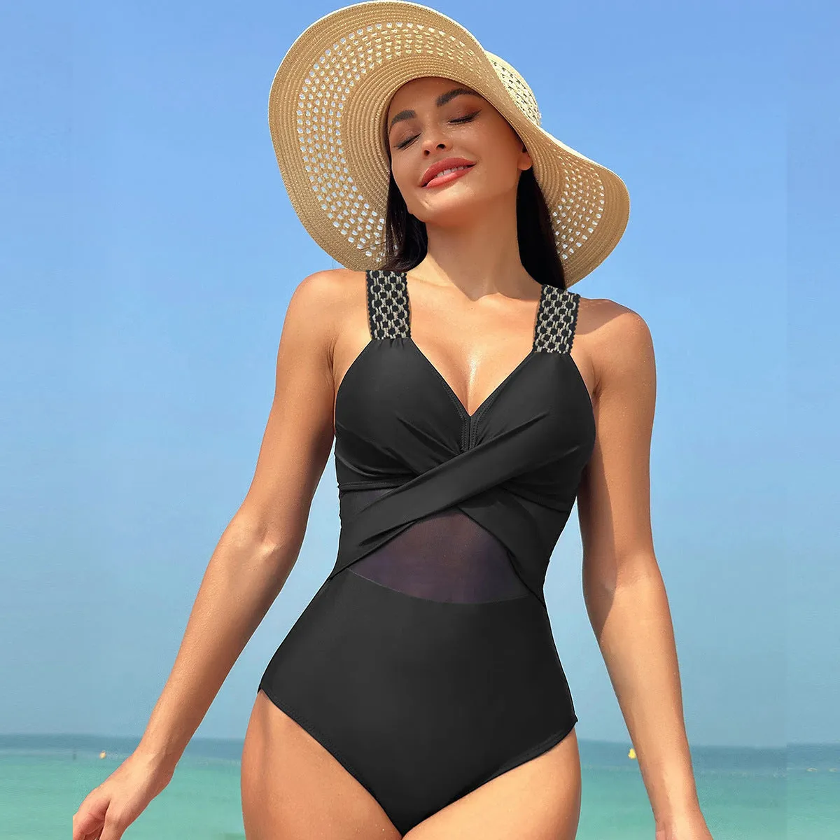Elegant Monochrome Mesh Bikini One-Piece Swimsuit