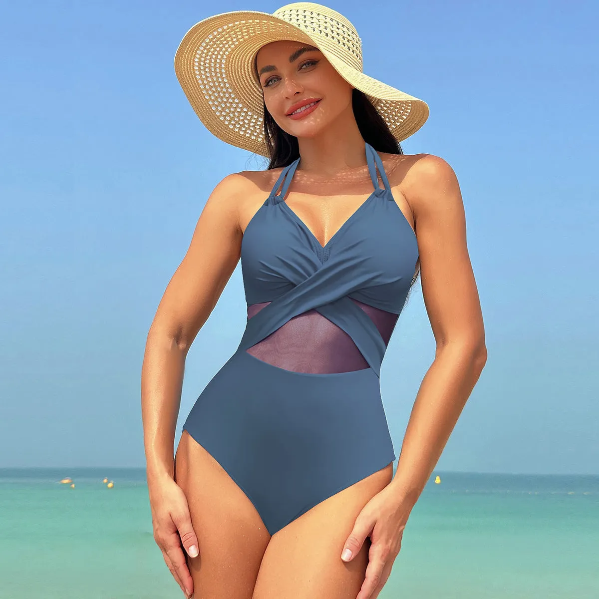 Elegant Monochrome Mesh Bikini One-Piece Swimsuit