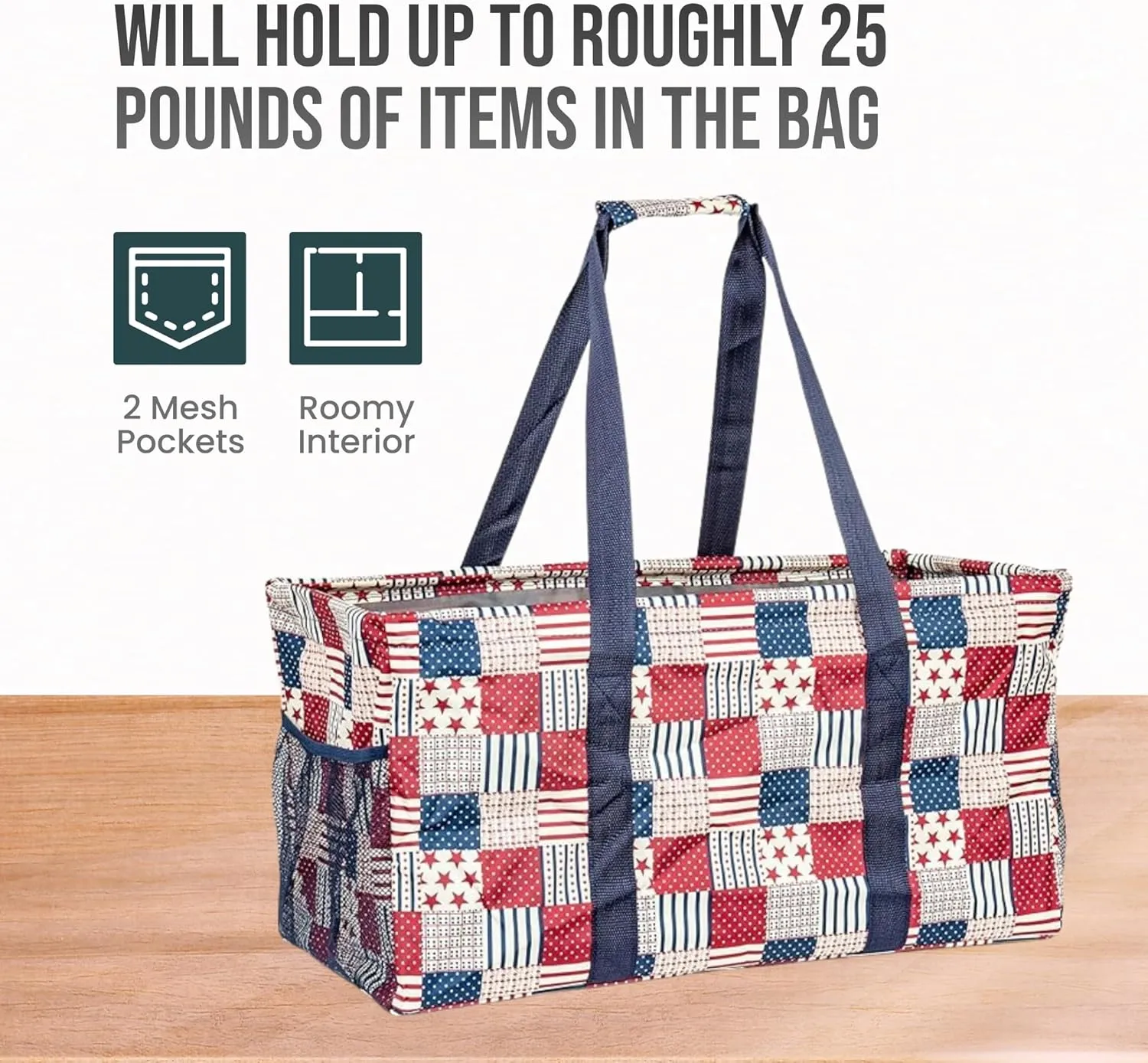Extra Large Utility Tote Bag - Oversized Collapsible Reusable Wire Frame Rectangular Canvas Basket With Two Exterior Pockets For Beach, Pool, Laundry, Car Trunk, Storage - Patriotic Americana