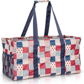 Extra Large Utility Tote Bag - Oversized Collapsible Reusable Wire Frame Rectangular Canvas Basket With Two Exterior Pockets For Beach, Pool, Laundry, Car Trunk, Storage - Patriotic Americana