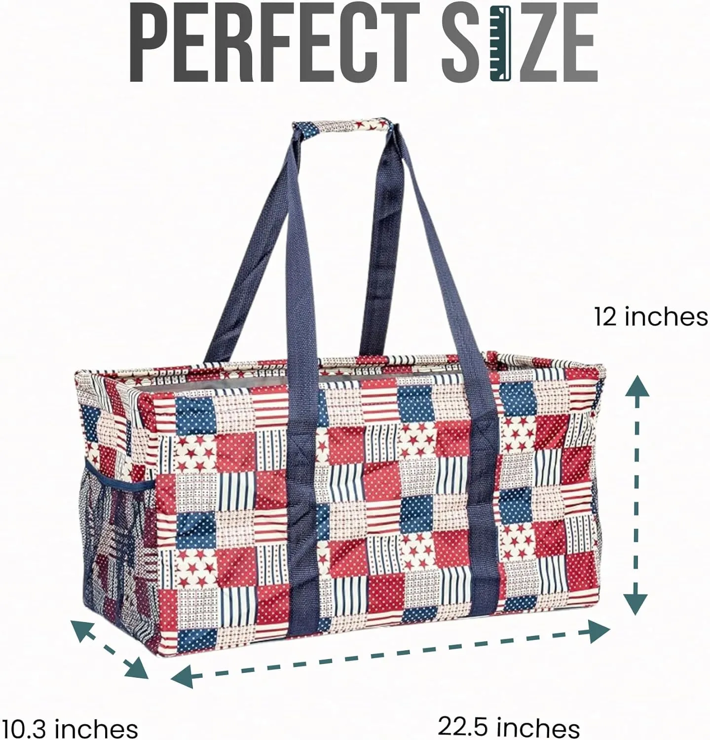 Extra Large Utility Tote Bag - Oversized Collapsible Reusable Wire Frame Rectangular Canvas Basket With Two Exterior Pockets For Beach, Pool, Laundry, Car Trunk, Storage - Patriotic Americana