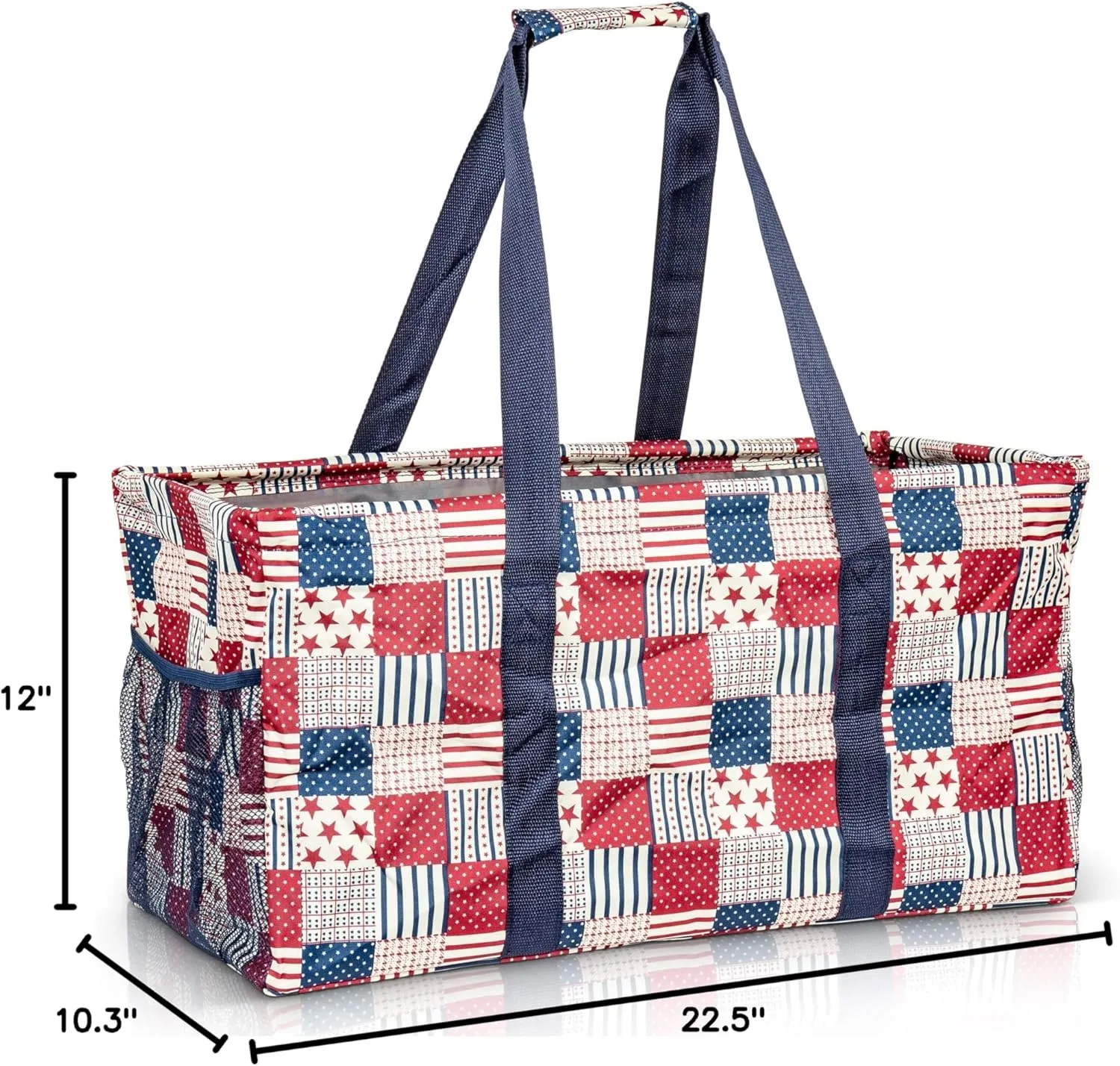 Extra Large Utility Tote Bag - Oversized Collapsible Reusable Wire Frame Rectangular Canvas Basket With Two Exterior Pockets For Beach, Pool, Laundry, Car Trunk, Storage - Patriotic Americana
