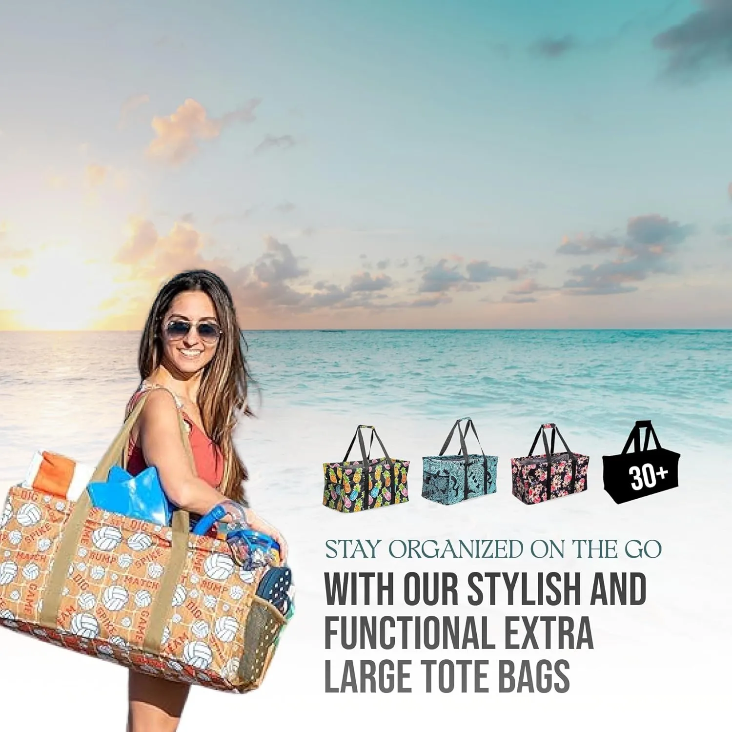 Extra Large Utility Tote Bag - Oversized Collapsible Reusable Wire Frame Rectangular Canvas Basket With Two Exterior Pockets For Beach, Pool, Laundry, Car Trunk, Storage - Patriotic Americana