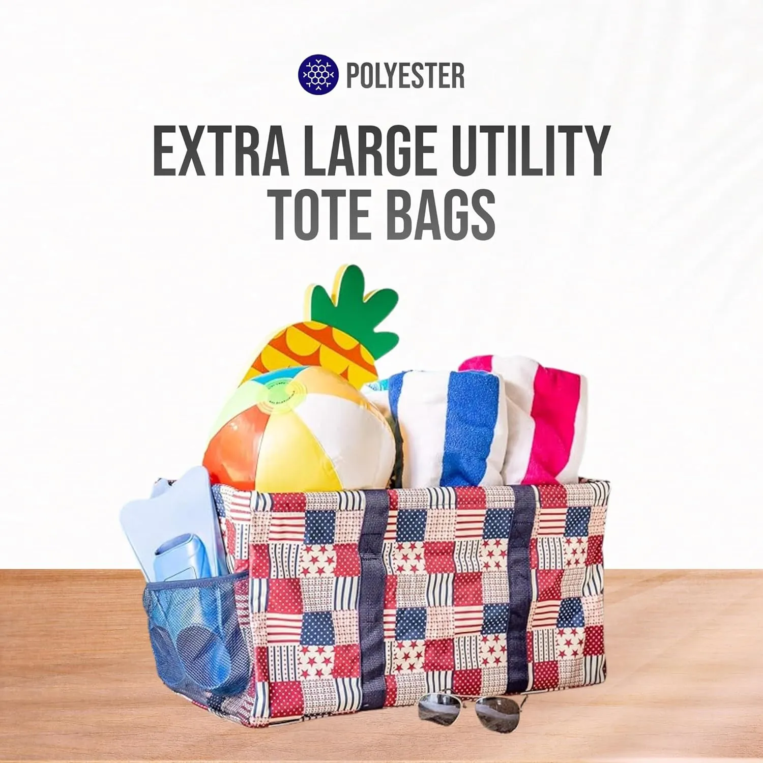 Extra Large Utility Tote Bag - Oversized Collapsible Reusable Wire Frame Rectangular Canvas Basket With Two Exterior Pockets For Beach, Pool, Laundry, Car Trunk, Storage - Patriotic Americana