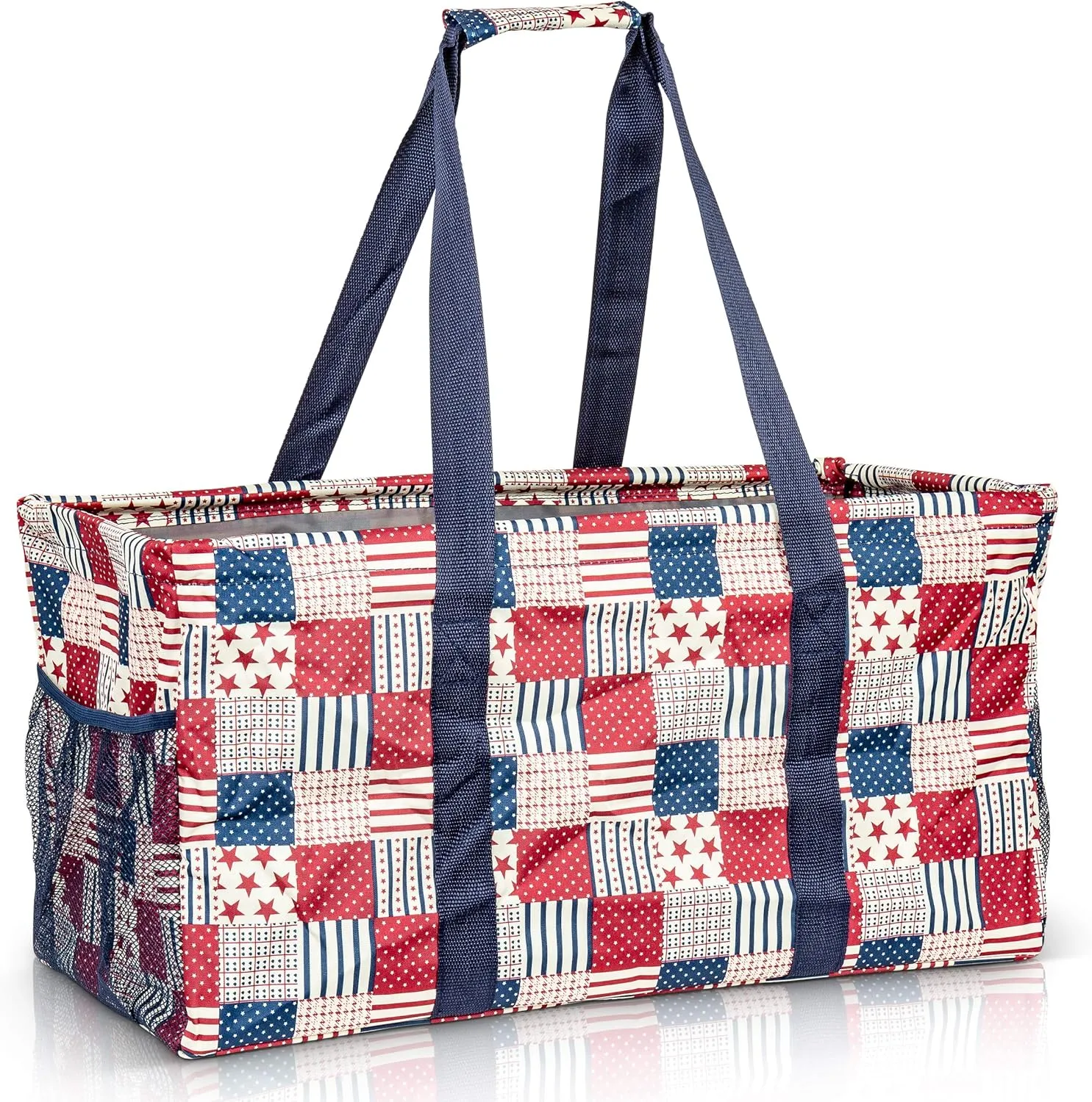 Extra Large Utility Tote Bag - Oversized Collapsible Reusable Wire Frame Rectangular Canvas Basket With Two Exterior Pockets For Beach, Pool, Laundry, Car Trunk, Storage - Patriotic Americana
