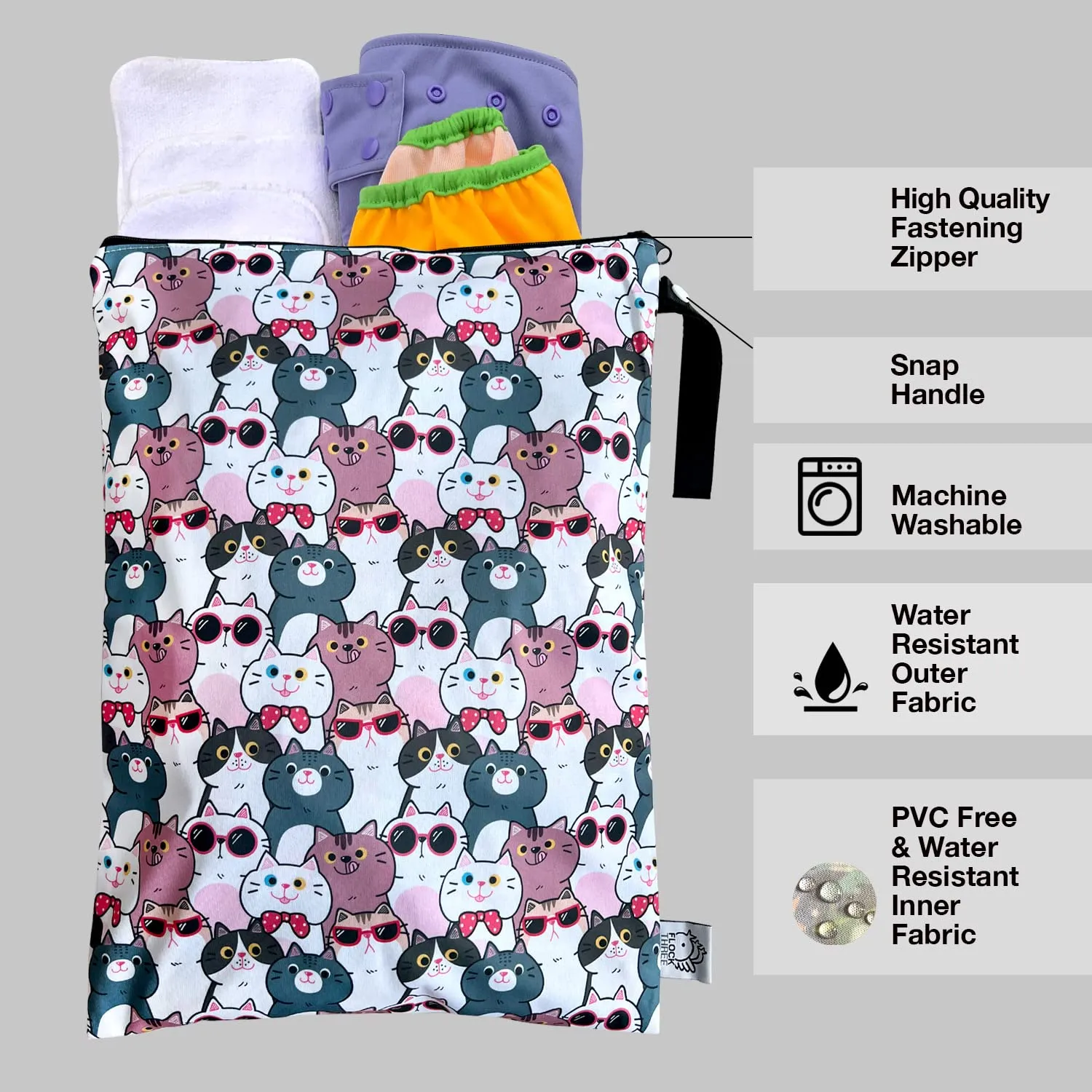 FLOCK THREE Washable and Reusable Wet Bag Diaper Bag Water Resistant Swimming Bag Pouch, Yoga Gym Bag, 12.6'' x 16.5'' (Cats Family)