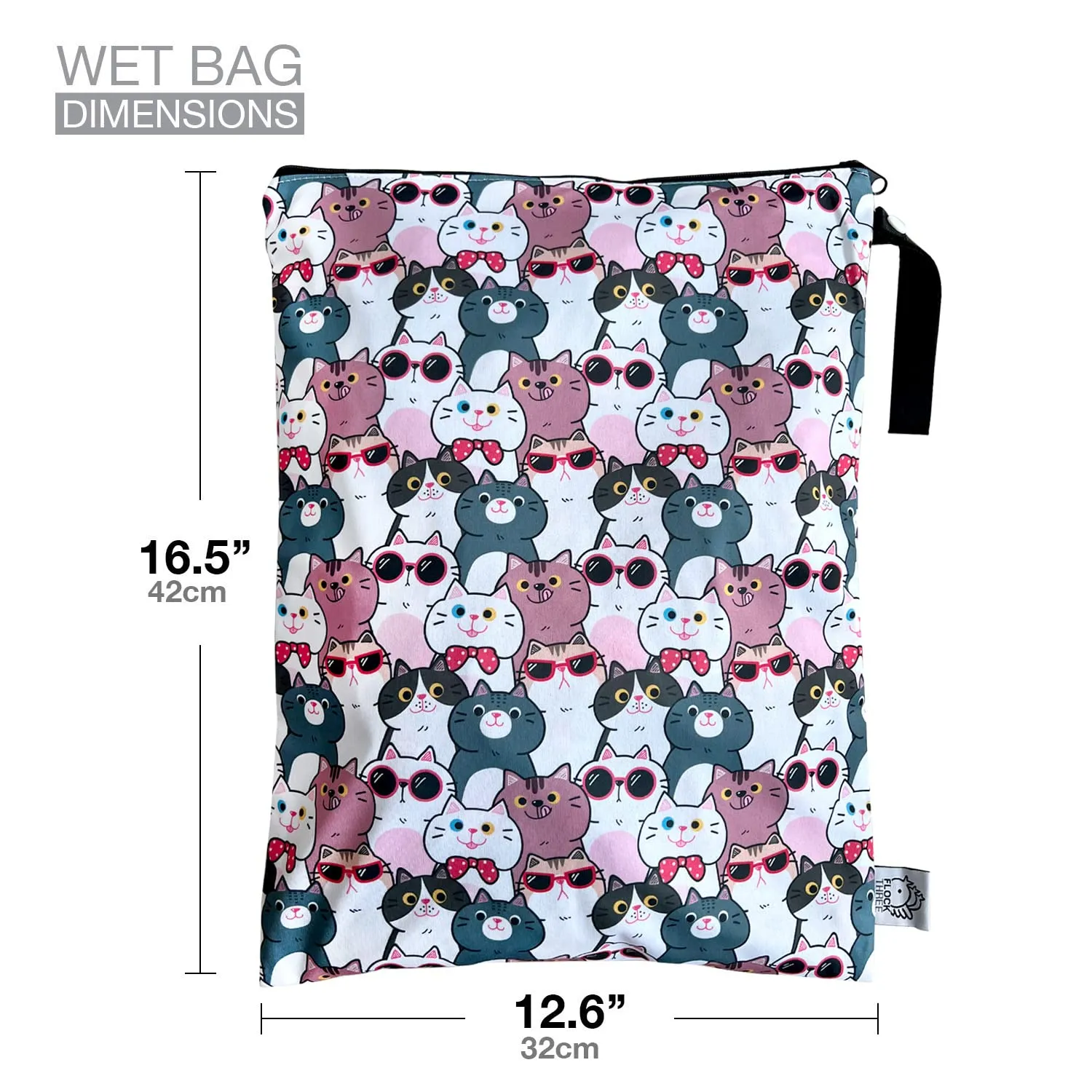 FLOCK THREE Washable and Reusable Wet Bag Diaper Bag Water Resistant Swimming Bag Pouch, Yoga Gym Bag, 12.6'' x 16.5'' (Cats Family)