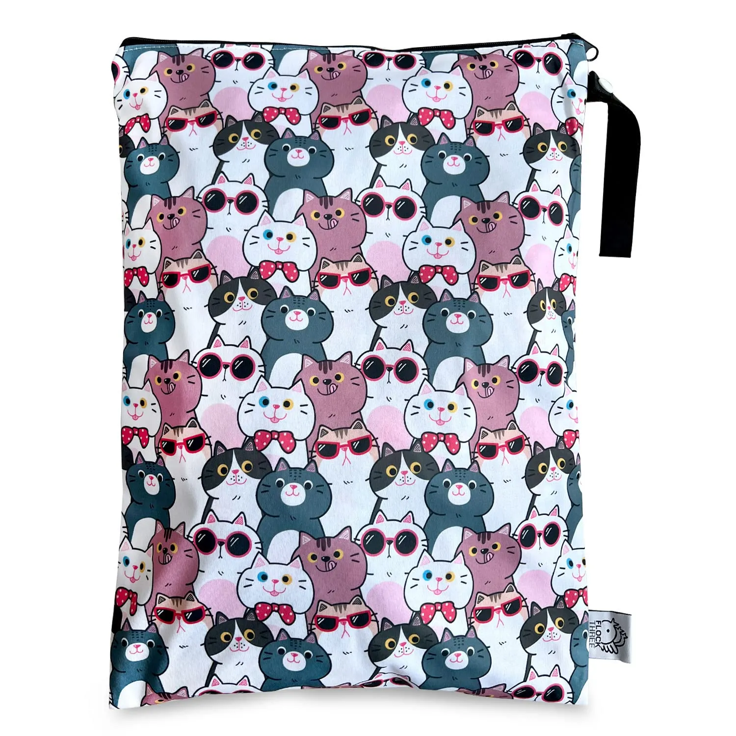 FLOCK THREE Washable and Reusable Wet Bag Diaper Bag Water Resistant Swimming Bag Pouch, Yoga Gym Bag, 12.6'' x 16.5'' (Cats Family)