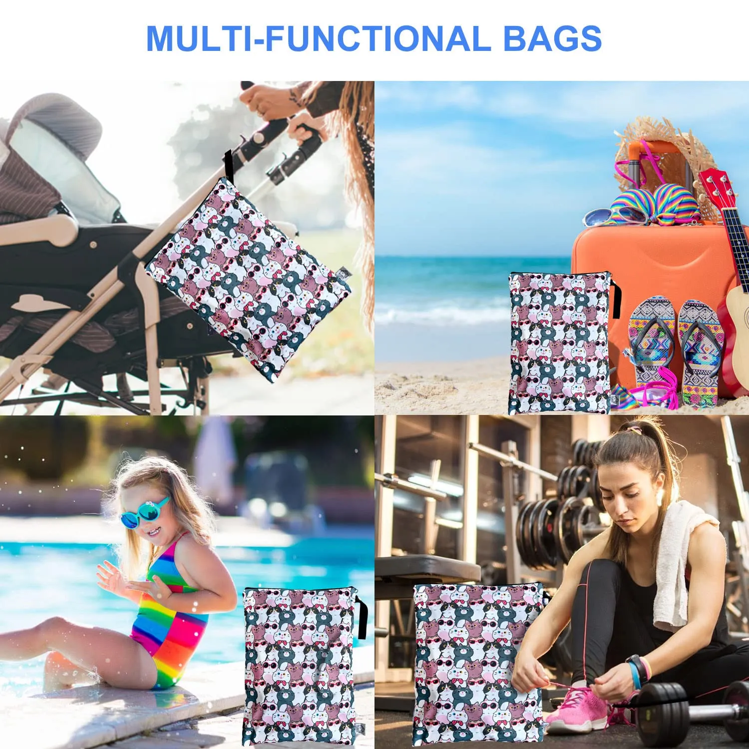 FLOCK THREE Washable and Reusable Wet Bag Diaper Bag Water Resistant Swimming Bag Pouch, Yoga Gym Bag, 12.6'' x 16.5'' (Cats Family)
