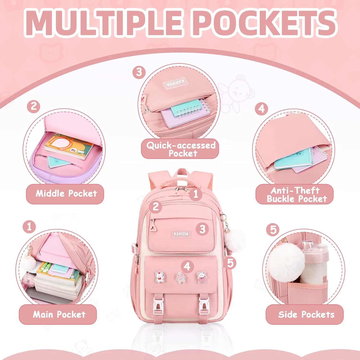 Girls Backpack, 3pcs Sets Kids Backpack for Girls with Anti-theft Back Pocket, Lightweight School Back pack Water Resistant Lunch Bag with Pencil case for Elementary Primary School, Pink