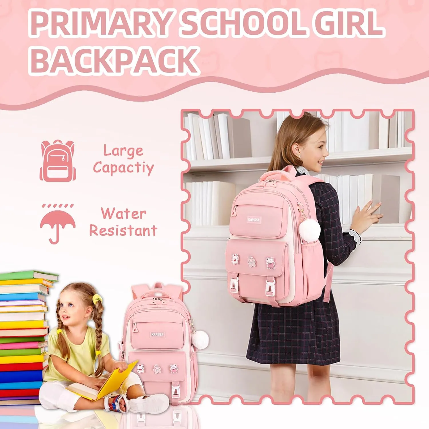 Girls Backpack, 3pcs Sets Kids Backpack for Girls with Anti-theft Back Pocket, Lightweight School Back pack Water Resistant Lunch Bag with Pencil case for Elementary Primary School, Pink