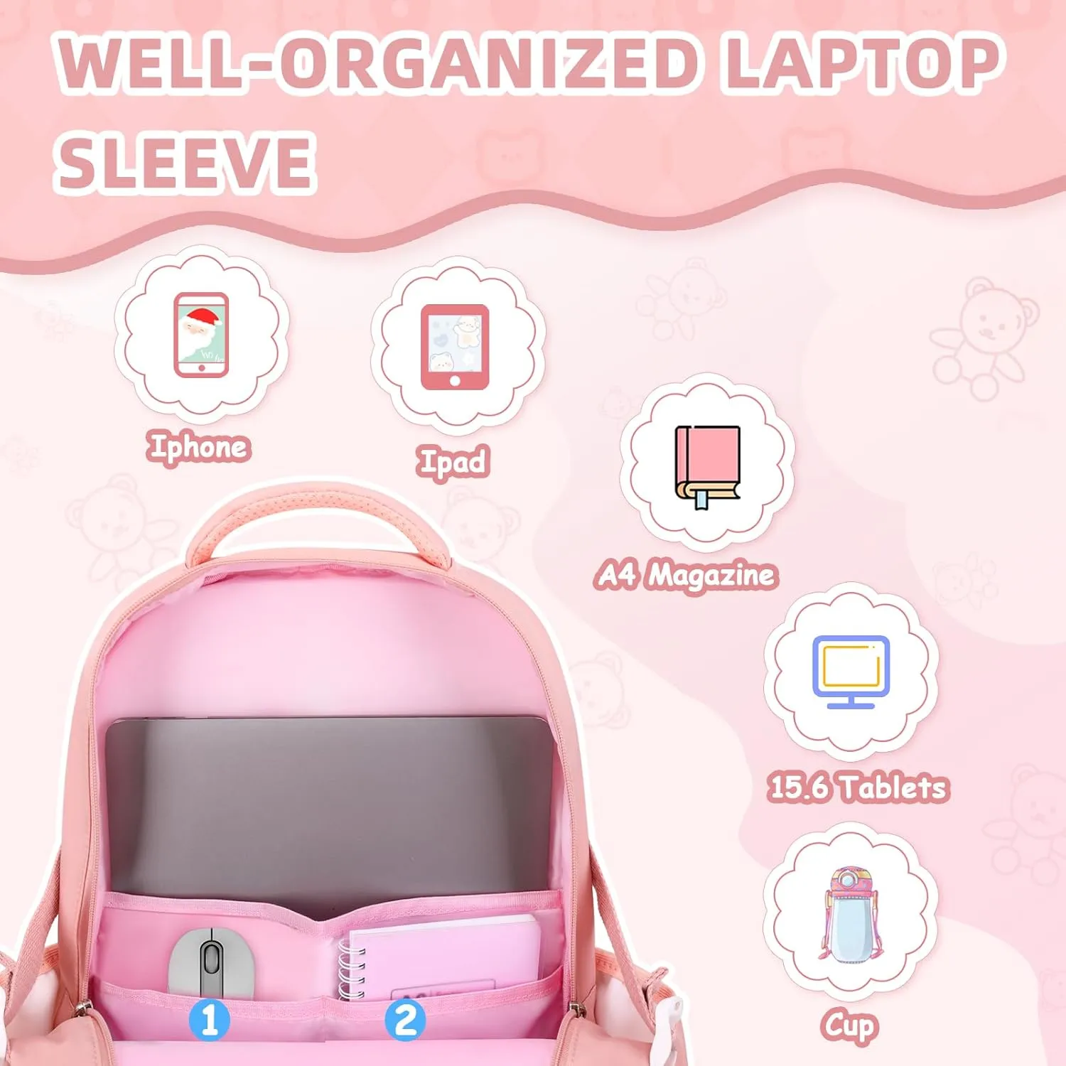 Girls Backpack, 3pcs Sets Kids Backpack for Girls with Anti-theft Back Pocket, Lightweight School Back pack Water Resistant Lunch Bag with Pencil case for Elementary Primary School, Pink