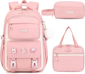 Girls Backpack, 3pcs Sets Kids Backpack for Girls with Anti-theft Back Pocket, Lightweight School Back pack Water Resistant Lunch Bag with Pencil case for Elementary Primary School, Pink