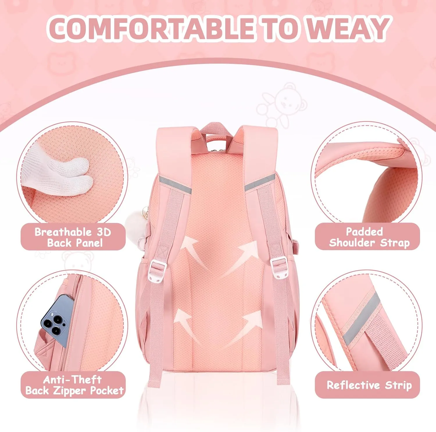 Girls Backpack, 3pcs Sets Kids Backpack for Girls with Anti-theft Back Pocket, Lightweight School Back pack Water Resistant Lunch Bag with Pencil case for Elementary Primary School, Pink