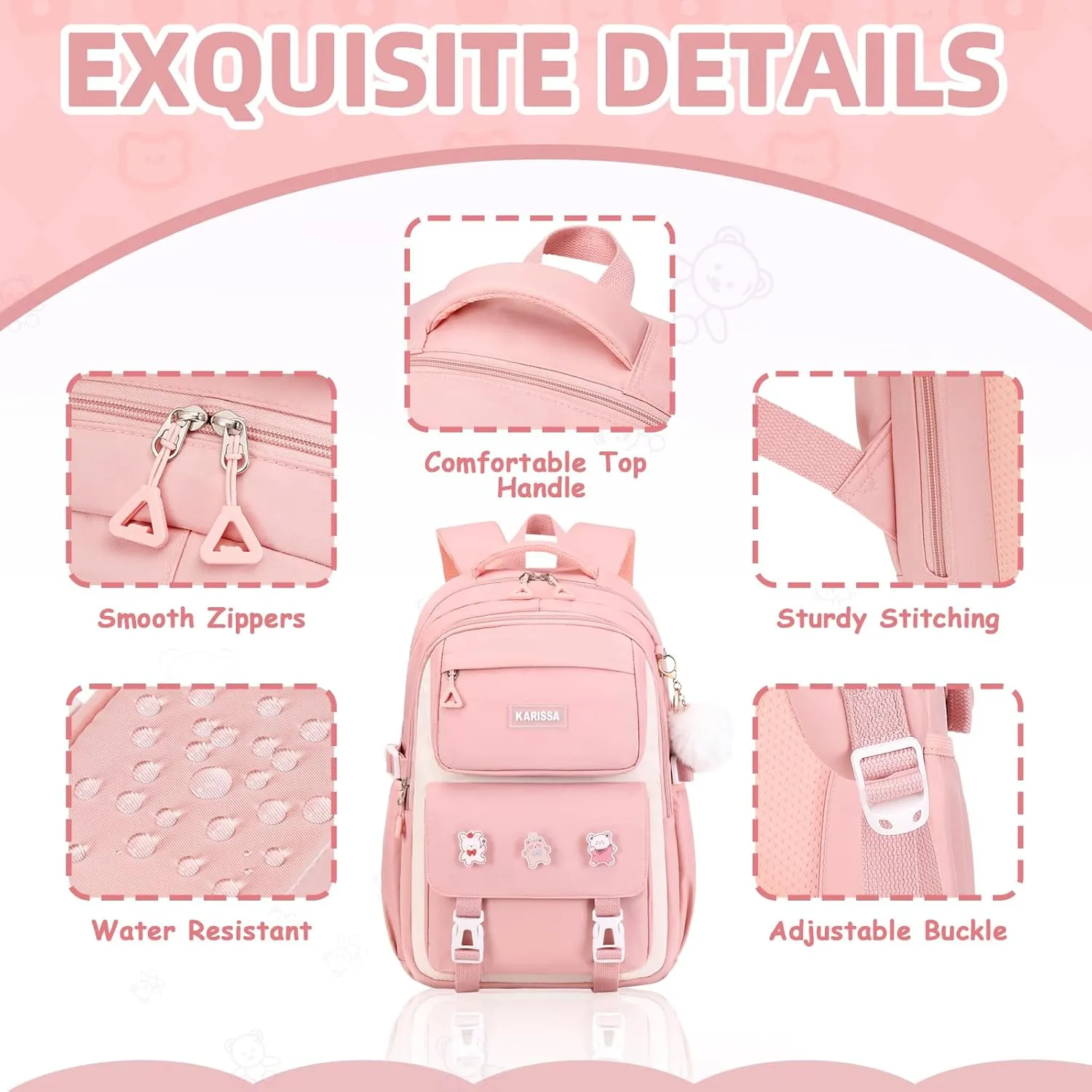 Girls Backpack, 3pcs Sets Kids Backpack for Girls with Anti-theft Back Pocket, Lightweight School Back pack Water Resistant Lunch Bag with Pencil case for Elementary Primary School, Pink
