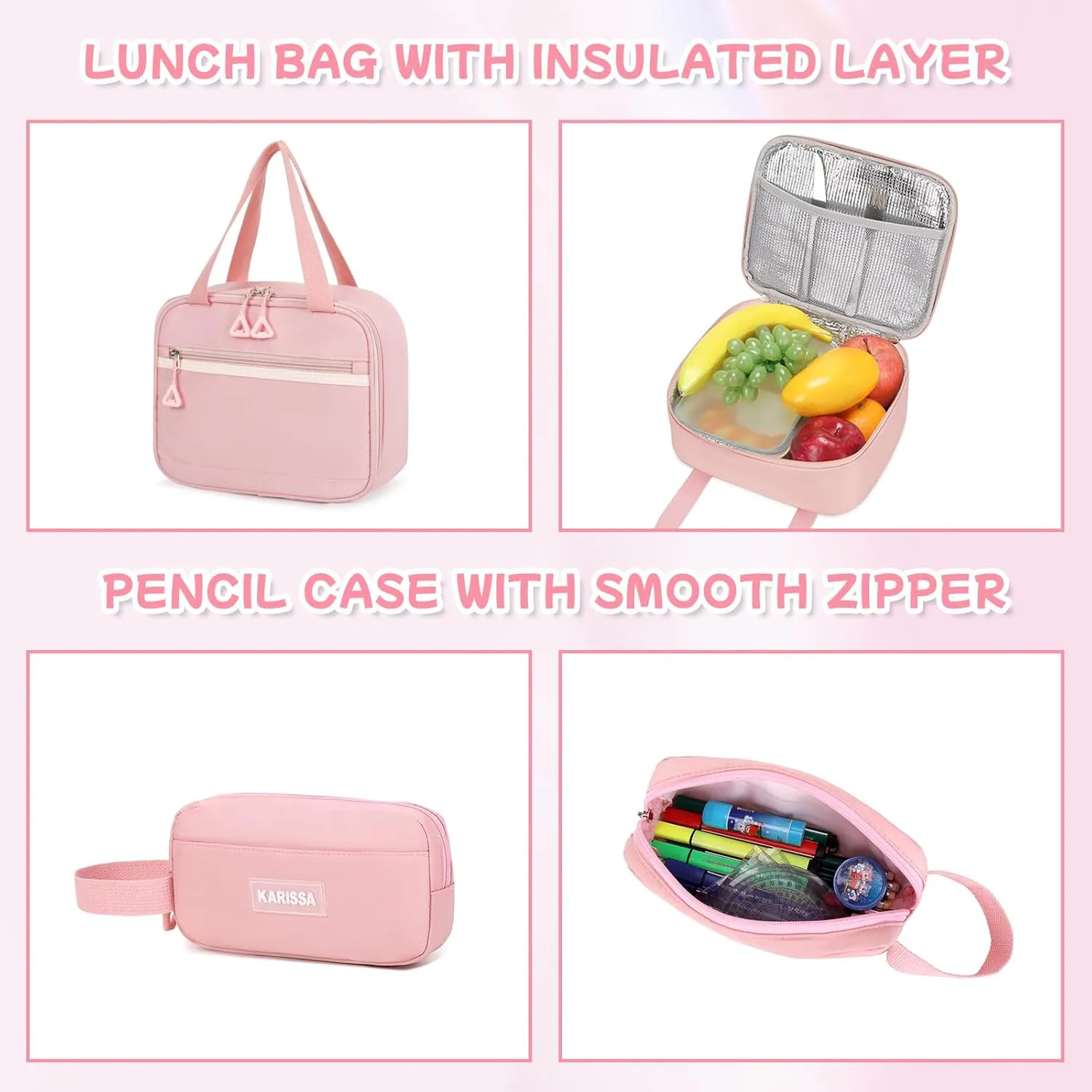 Girls Backpack, 3pcs Sets Kids Backpack for Girls with Anti-theft Back Pocket, Lightweight School Back pack Water Resistant Lunch Bag with Pencil case for Elementary Primary School, Pink
