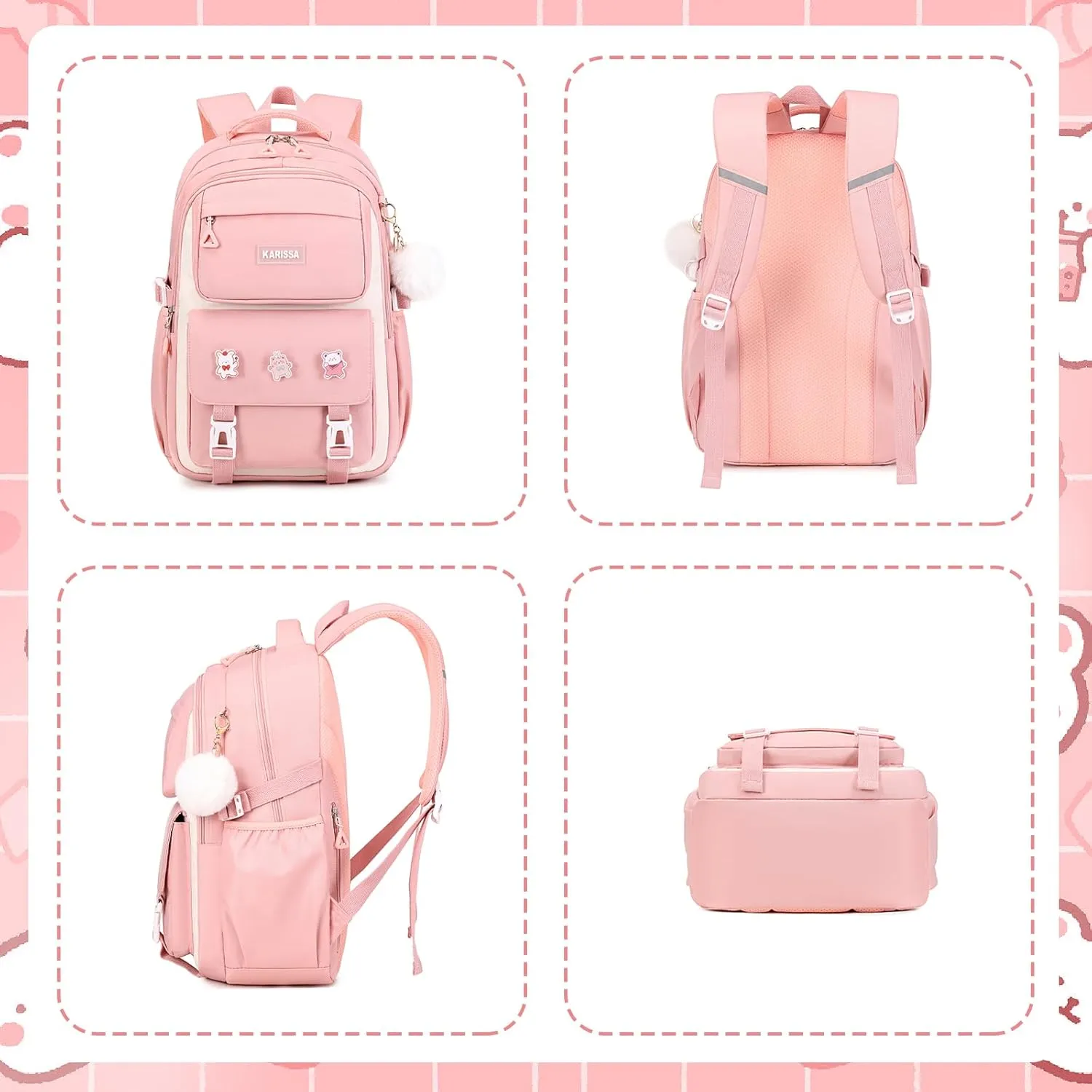 Girls Backpack, 3pcs Sets Kids Backpack for Girls with Anti-theft Back Pocket, Lightweight School Back pack Water Resistant Lunch Bag with Pencil case for Elementary Primary School, Pink