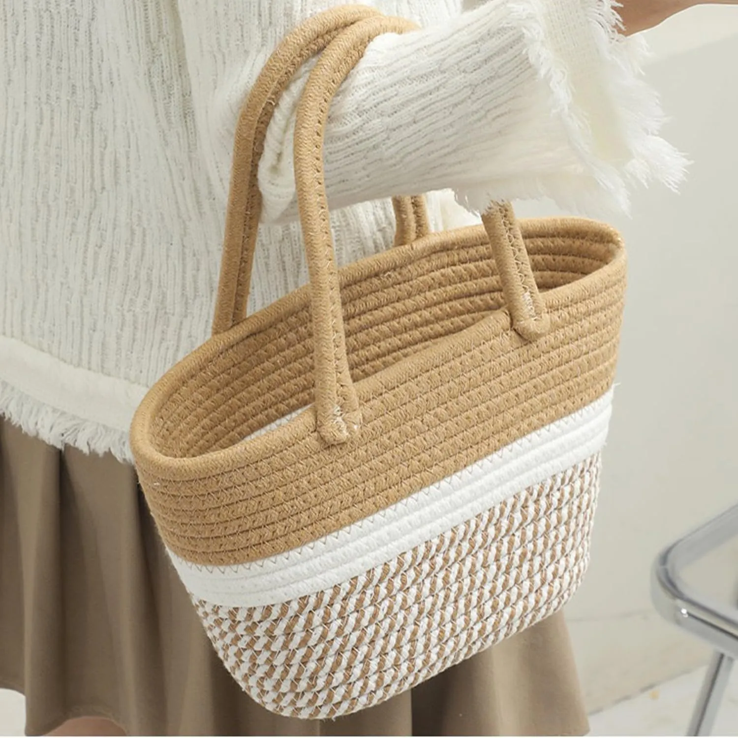 Handcrafted twisted cotton linen weave handbag for womenShoulder bagOutdoor picnic and camping