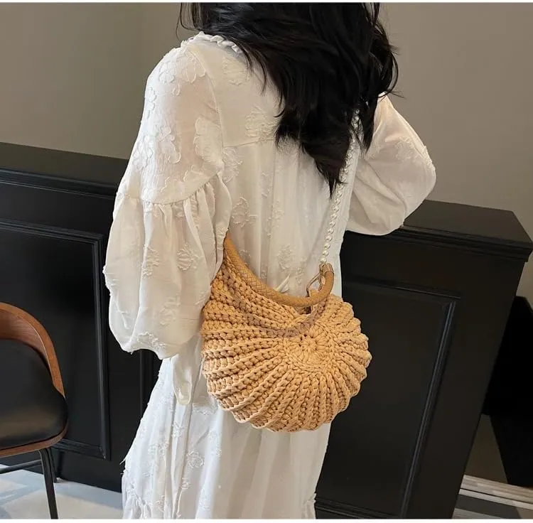 Handwoven Seashell Bag for Women Fashion Crochet Summer Boho Beach Tote Crossbody Bag Cute Conch Shoulder Handbag