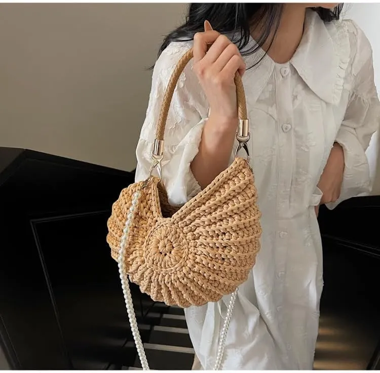 Handwoven Seashell Bag for Women Fashion Crochet Summer Boho Beach Tote Crossbody Bag Cute Conch Shoulder Handbag