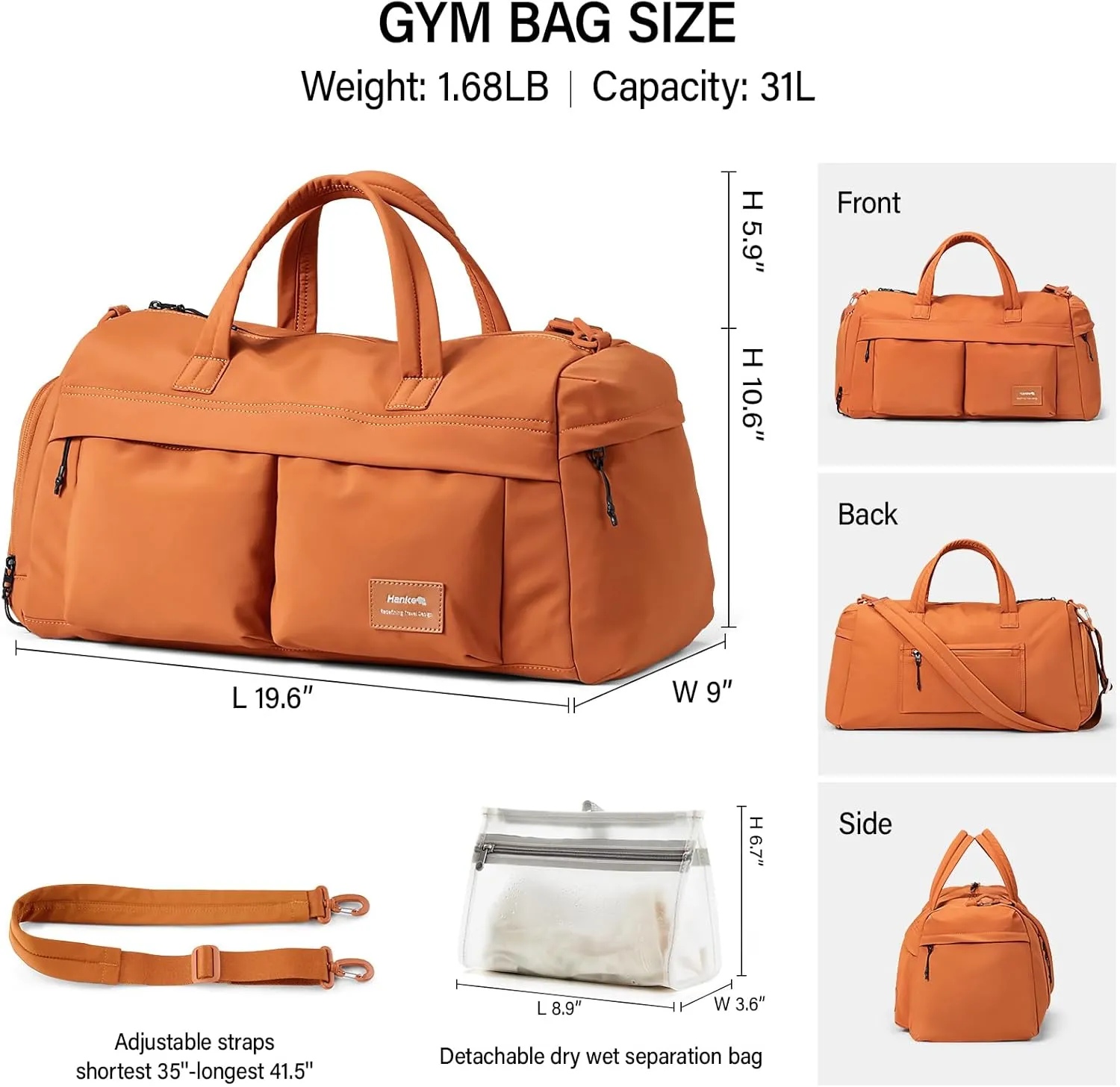 Hanke Carry On Luggage Gym Bag for Women with Shoe Compartment Multifunctional Carry On Duffel Bag for Travel with Detachable Toiletries Pocket,Mocha Brown
