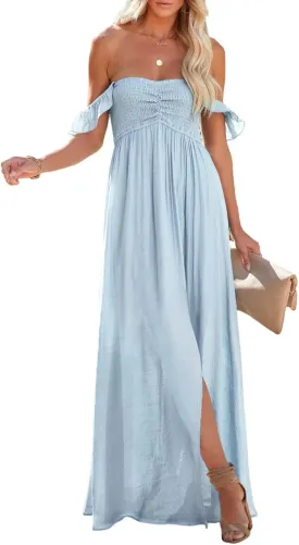 Happy Sailed Women's 2025 Summer Smocked Off The Shoulder Maxi Dresses Ruffle Short Sleeve A Line Side Slit Sundress