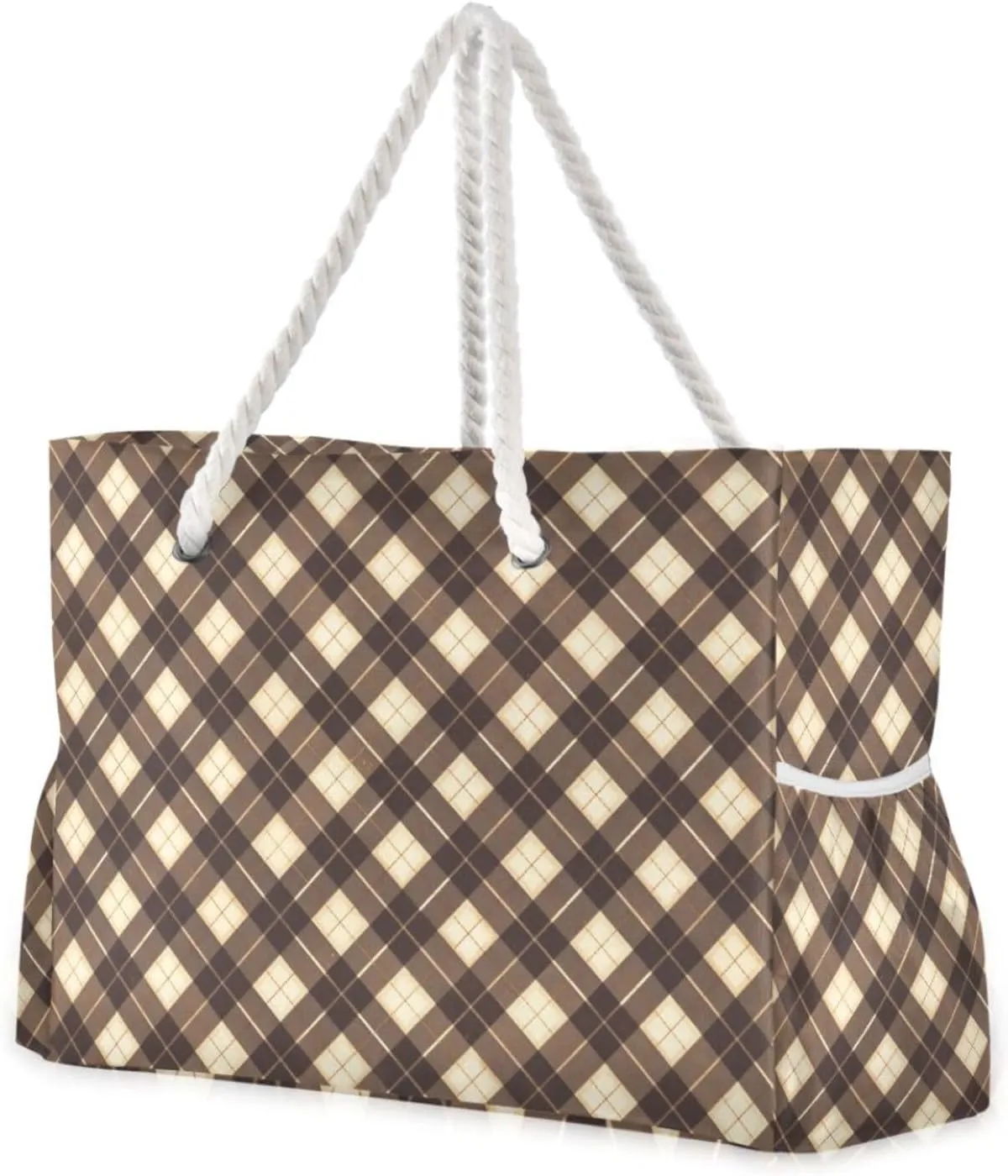 JUNZAN Gingham Plaid Beach Tote Bag with Handles Swim Pool Bag Beach Totes Bags for Women with Waterproof Pockets Umber