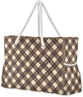 JUNZAN Gingham Plaid Beach Tote Bag with Handles Swim Pool Bag Beach Totes Bags for Women with Waterproof Pockets Umber