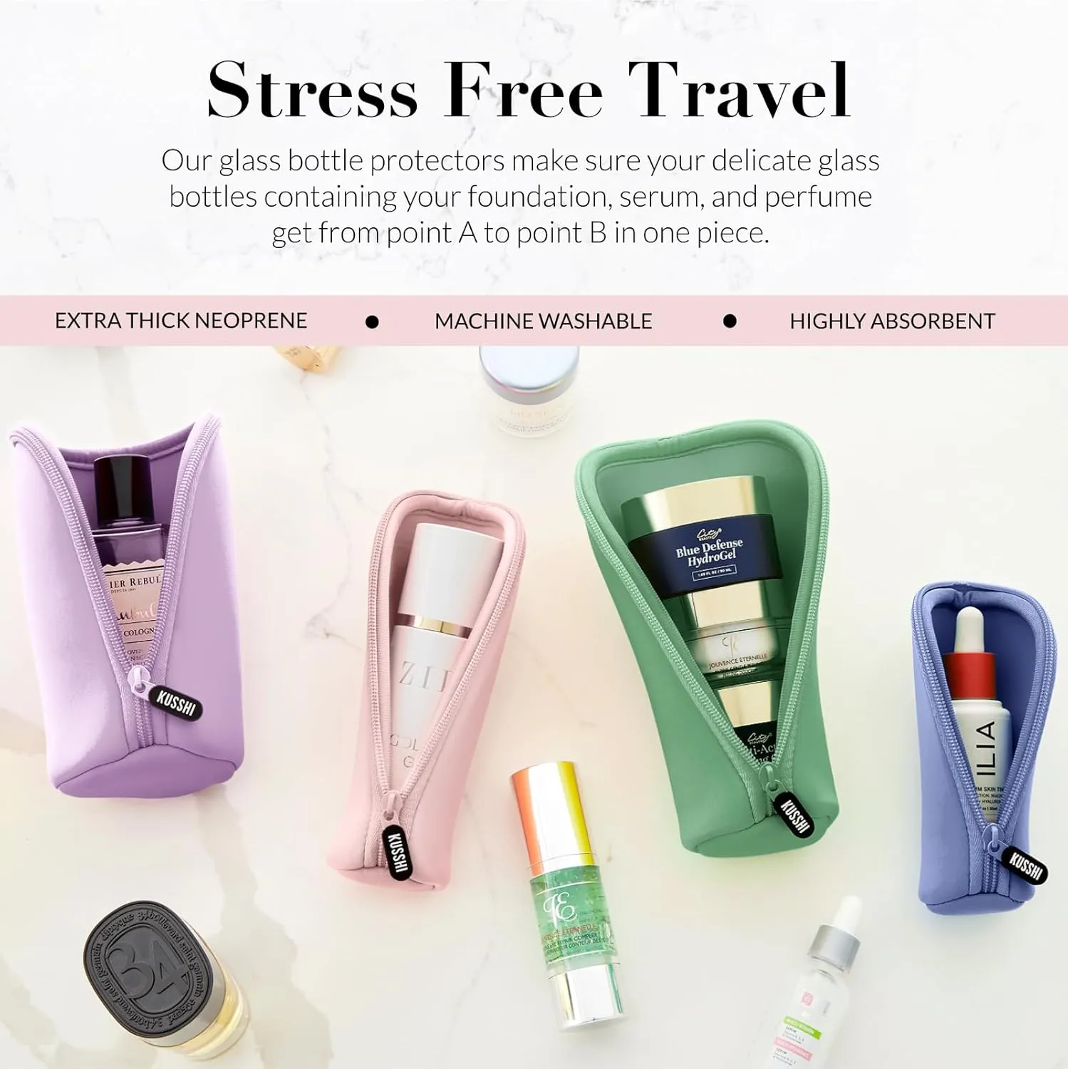 KUSSHI Neoprene Mini Makeup Pouch Set for Purse and Travel - 4 Travel Pouches for Delicate Bottles and Beauty Items - For Foundations, Serums, Perfumes (The Neutral Collection 4 Pack - S, M, L, XL)