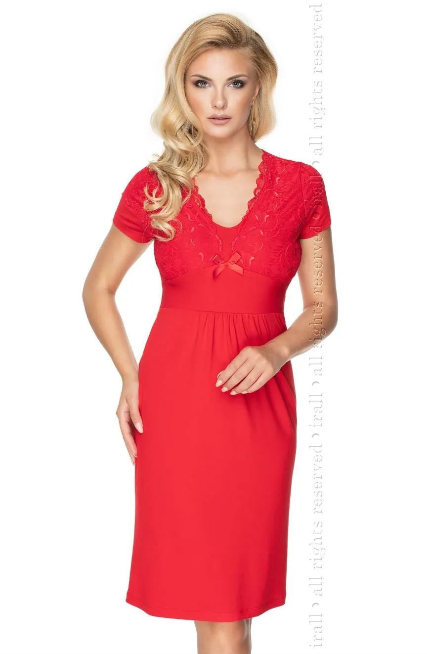 Ladies Elegant Viscose Floral Lace Bust Pretty Satin Bow Short Sleeves Nightdress