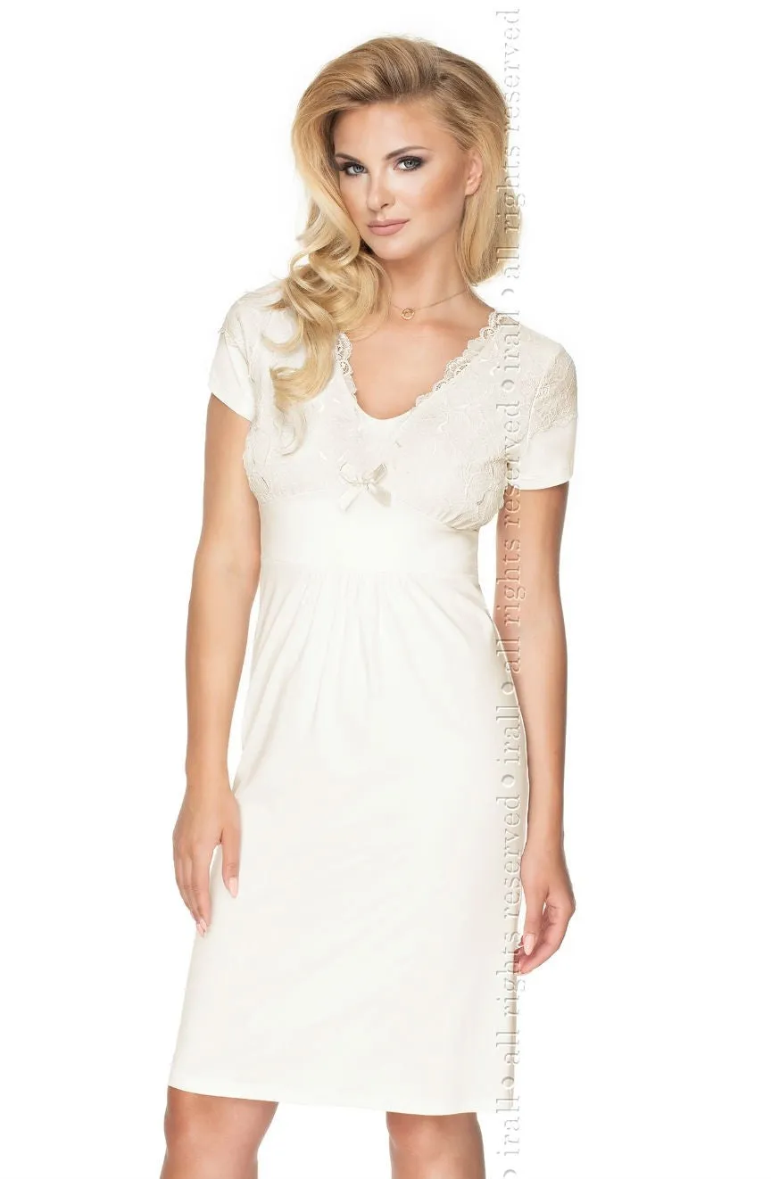 Ladies Elegant Viscose Floral Lace Bust Pretty Satin Bow Short Sleeves Nightdress