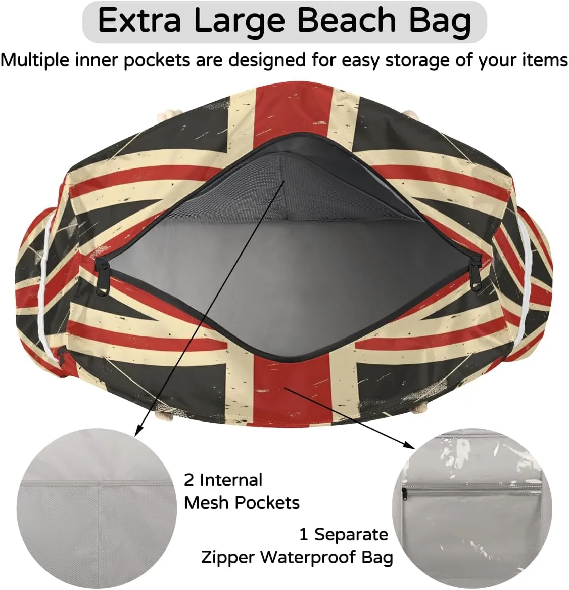 Large Tote Beach Bags for Women with Zipper Waterproof Sandproof Swim Pool Grocery Gym Travel Bag