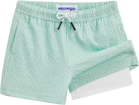 maamgic Boys Swim Trunks with Compression Liner Seersucker Swim Shorts Recycled Toddler Swimsuit